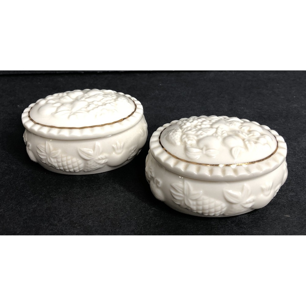 2 LENOX Fruits of Life Small Oval Boxes with Lids Porcelain 1998 Trinket Dish